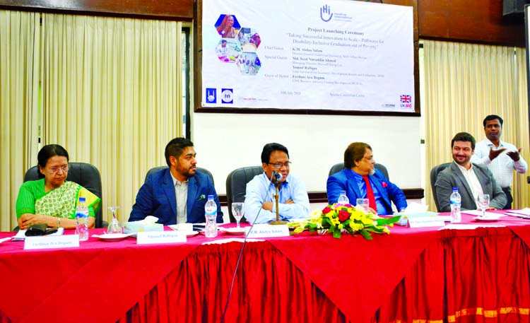 Director General of NGO Affairs Bureau KM Abdus Salam speaking as the chief guest at the project launching ceremony organised by Handicap International (HI) at the Spectra Convention Center in the city's Gulshan on Monday.