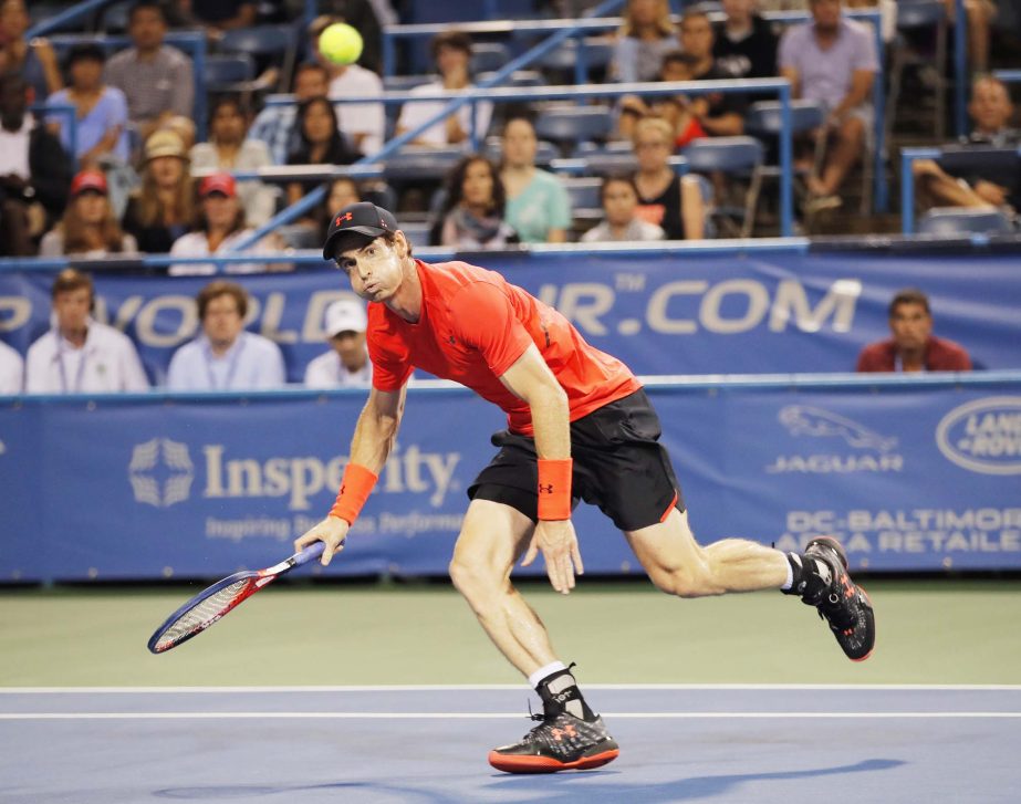 Andy Murray of Britain chases a ball to return against Mackenzie McDonald during the first round of the Citi Open tennis tournament in Washington on Monday.