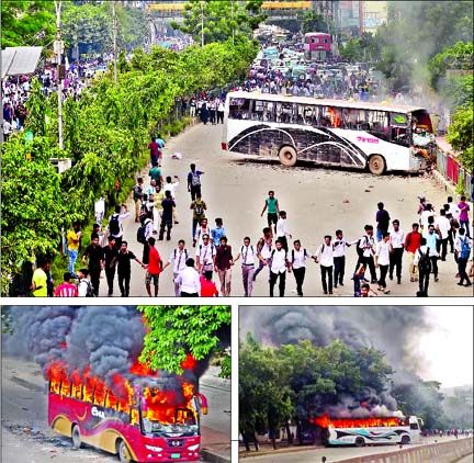 Angry students take to streets and set fire to a luxury bus of Himachol transport near city's Science Laboratory in course of their demonstrating protest against Sunday's killing of two students in a bus crash on Airport Road. An ENA Poribahan bus and a