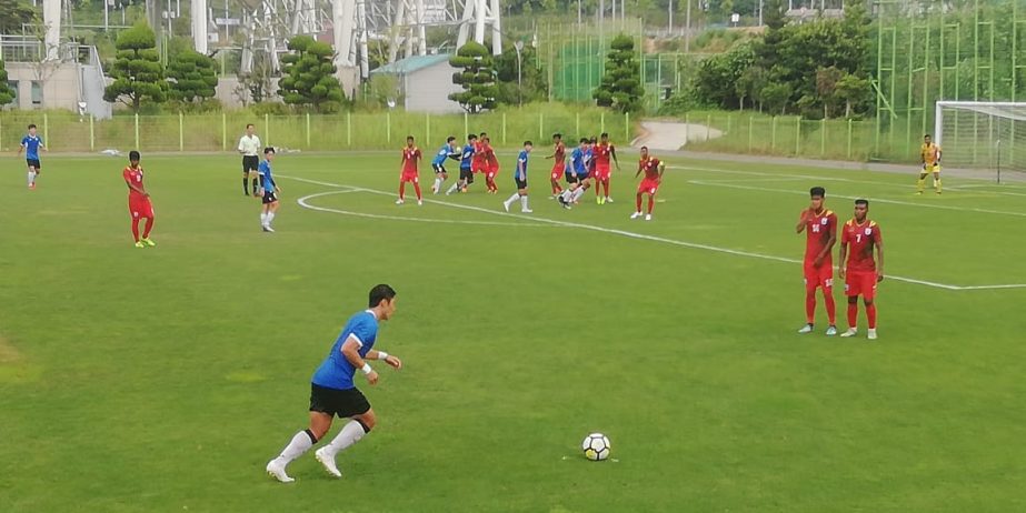 A scene from the practice football match between Bangladesh National Football team and Gwangju Football Club of South Korea, at Mokpo International Training Centre Football Ground in South Korea on Wednesday.