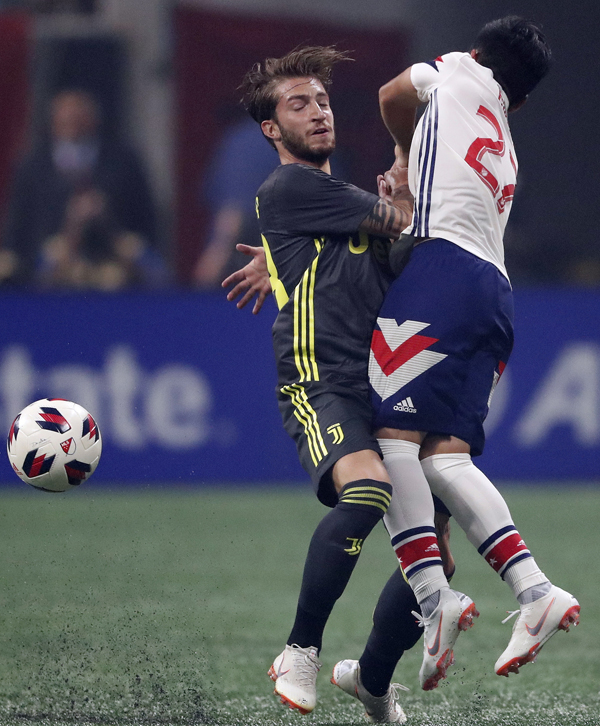 MLS All-Stars midfielder Ezequiel Barco (27) collides with Juventus forward Luca Clemenza (38) during the the second half of the MLS All-Star soccer match on Wednesday.