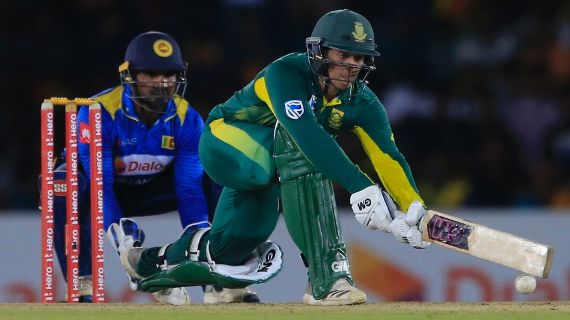 De Kock stretches out for a sweep on Wednesday.