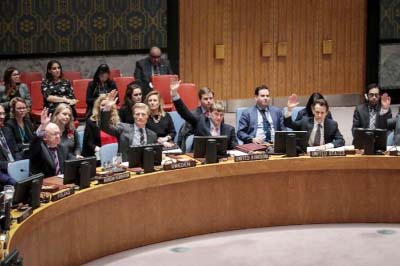 Members of the United Nations Security Council vote on a North Korea resolution in New York City.