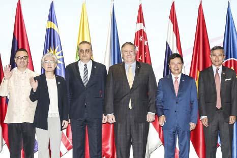 From left; Philippines' Foreign Affairs Secretary Alan Cayetano, South Korea's Foreign Minister Kang Kyung-wha, Russia's Deputy Foreign Minister Igor Morgulov, U.S. Secretary of State Mike Pompeo, Vietnam's Foreign Minister Pham Binh Minh and Singapor