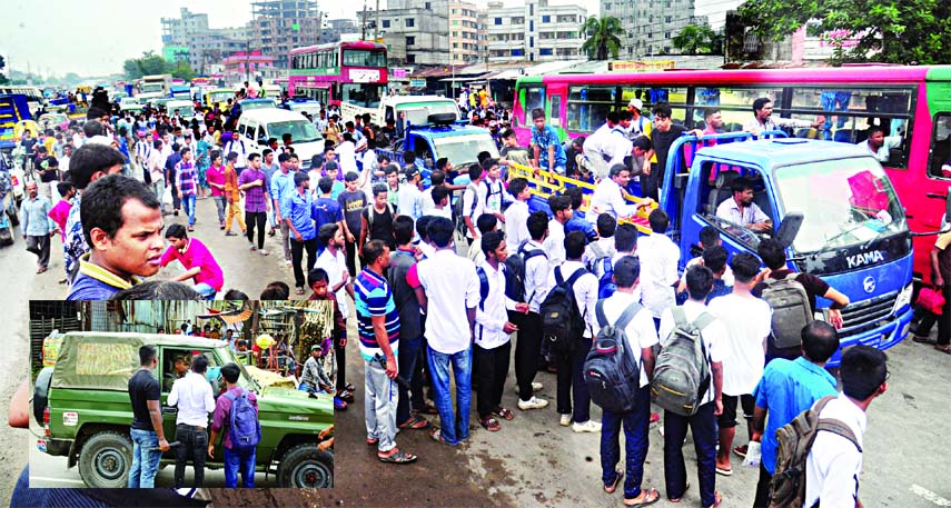 Students examining documents of vehicles and driving licenses in city's Sanir Akhra area on Saturday. (inset) Documents of Armed Forces vehicles were also checked at Rampura area on Saturday.