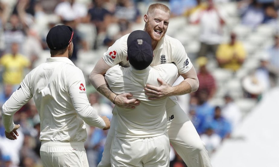 Englandâ€™s Ben Stokes celebrates with teammates after taking the final wicket of India in the first Test on Saturday.