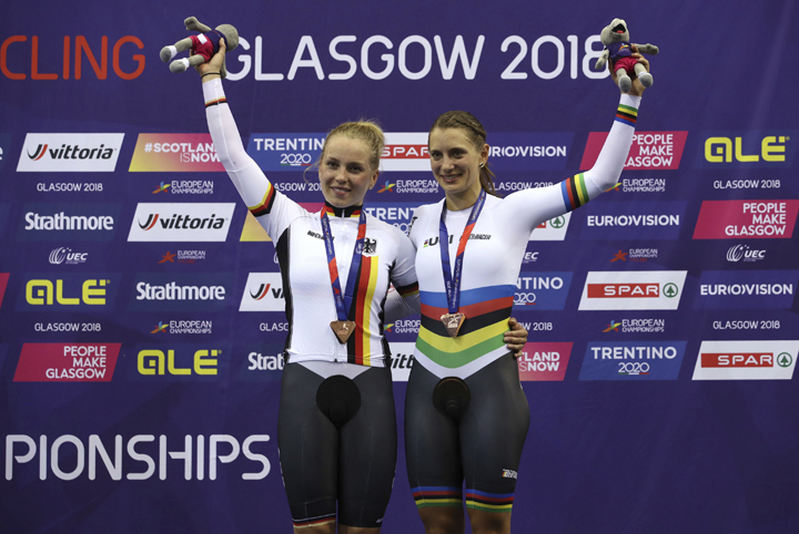 Germany's Emma Hinze and Miriam Welte celebrate bronze in the Team Sprint Women's Final on Friday during day two of the 2018 European Championships at the Sir Chris Hoy Velodrome, Glasgow, Scotland.