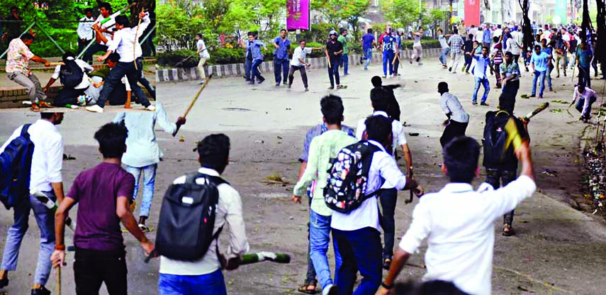 Chases and counter chases: A group of BCL activists allegedly equipped with sticks swooped on the students while they were managing traffic as usual for 7th consecutive day on Saturday in front of BGB Jhigatola Gate in city (inset) leaving some studen