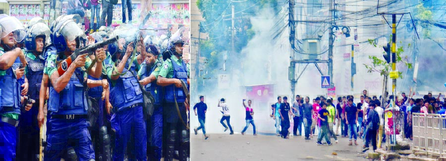 Police lobbed teargas shells to disperse the student protesters while they were facing attacks by an armed group at Dhanmondi area on Sunday as sequel to Saturday's clash at Jigatola in city.