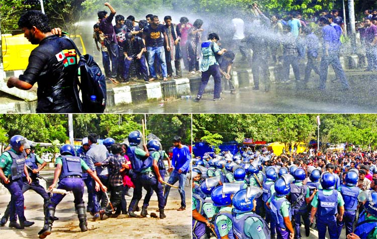 Police lobbed teargas shells and spread water cannon on the agitating students of Dhaka University demonstrating in support of the demands of safe roads while they were heading towards Shahbagh intersection (inset bottom-right) from near Institute of Fine