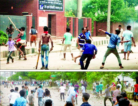 Students of East West University locked into clashes with police and some unidentified attackers in front of their campus in city's Aftabnagar on Monday. Photo shows unidentified outsiders, in presence of police on attacking East West campus building.