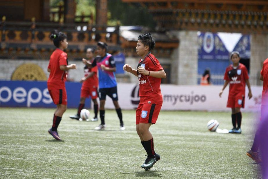 Members of Bangladesh Under-15 National Women's Football team taking part at the practice at Thimphu, the capital city of Bhutan on Wednesday.