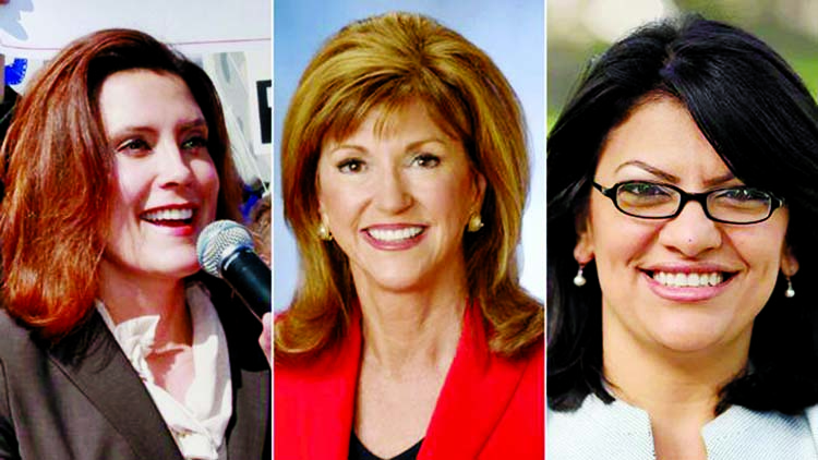 L-R Democrat Gretchen Whitmer, Republican Susan Hutchison and Democrat Rashida Tlaib, who is certain to be the first Muslim woman in Congress.