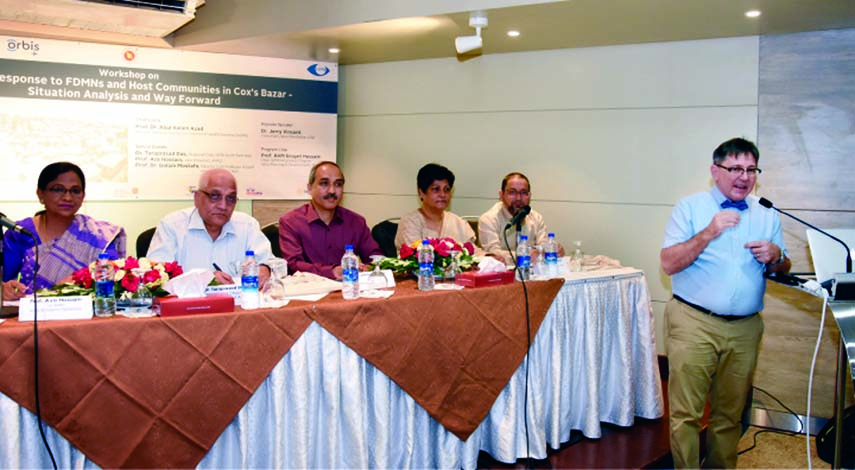 Dr Jerry Vincent, Consultant of Seva Foundation of the USA, speaking at a workshop 'Eye Care Response to FDMNs and Host Communities in Cox's Bazar - Situation Analysis and Way Forward' held at BRAC Centre Inn Auditorium in the city on Wednesday.