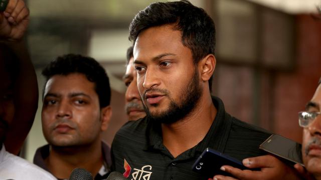 Shakib Al Hasan speaks with journalists at Hazrat Shahjalal International Airport on Thursday after a successful tour in the West Indies.