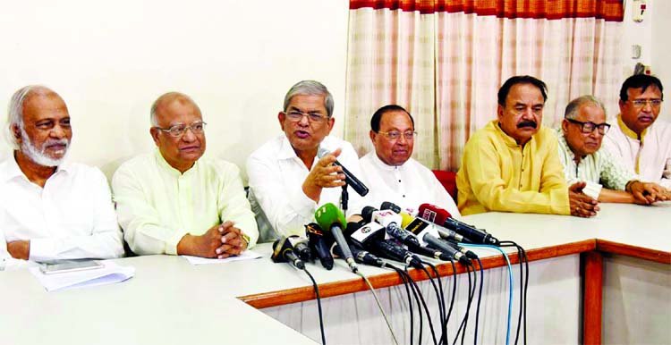 BNP Secretary General Mirza Fakhrul Islam Alamgir speaking at a prÃ¨ss conference about attack on agitating students who demanded for safe road at the party central office in the city's Naya Palton on Friday.