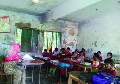BETAGI (Barguna): Students of Kumrakhali Govt Primary School are attending their classes under the old and risky building. This snap was taken yesterday.