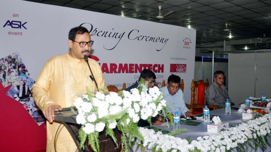 CCC Mayor A J M Nasir Uddin speaking at the inaugural programme of the second International Garmentech Fair at the Port City on Friday.