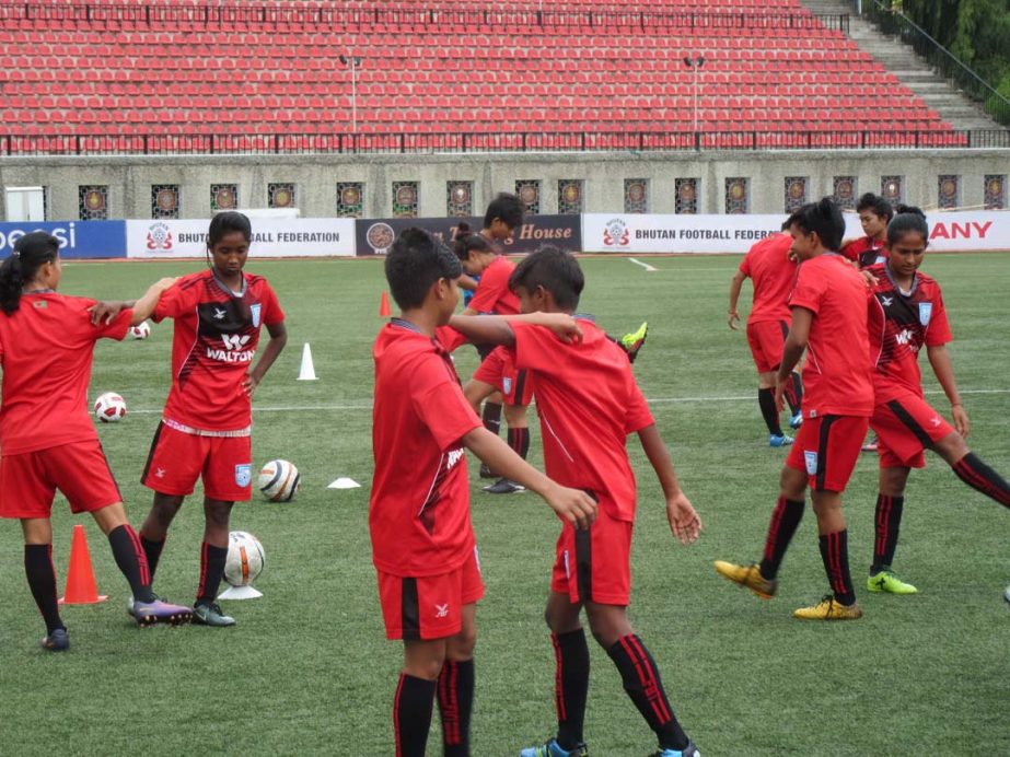 Members of Bangladesh Under-15 National Women's Football team taking part at the practice at Thimphu, the capital city of Bhutan on Saturday.
