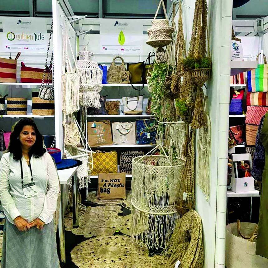 Protima Chokroborti, Proprietor of Jute Land Bangladesh is seen standing in front of her stall at an exhibition namely NYNOW at New York in which her company participated as the only business organization of Bangladesh. The exhibition was inaugurated on S
