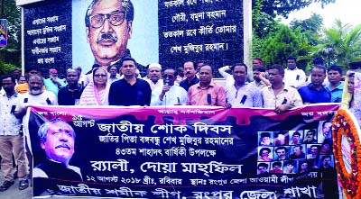 RANGPUR: Mamtaz Uddin Ahmed, Acting President of District Awami League addressing a discussion meeting on the occasion of the National Mourning Day organised by District Jatiya Sramik League on the Bangabandhu Mural premises as Chief Guest on Sunday.