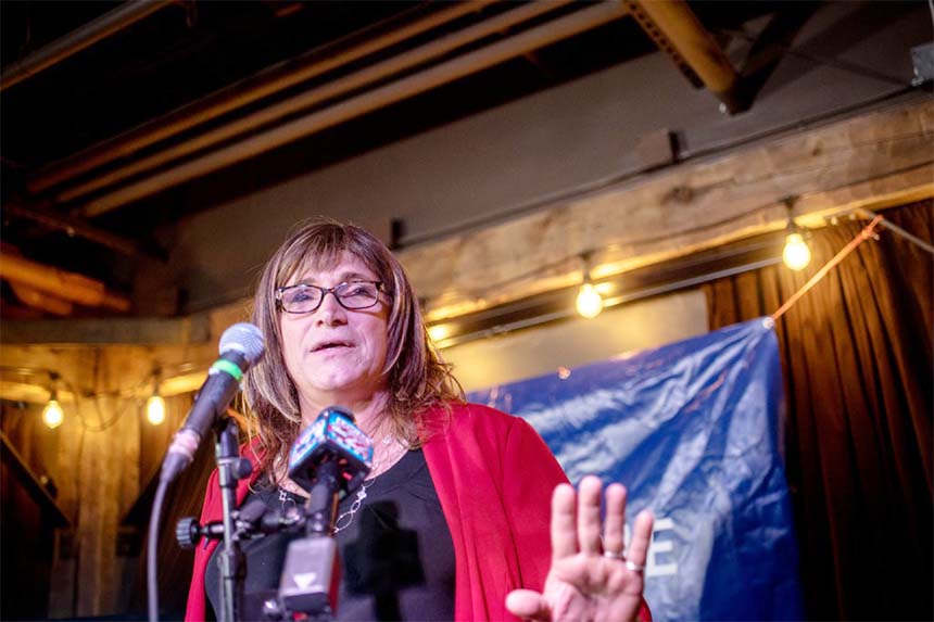 Christine Hallquist at her watch party in Burlington, Vt., on Tuesday night, after she became the first transgender candidate to be nominated for a governorship by a major party.