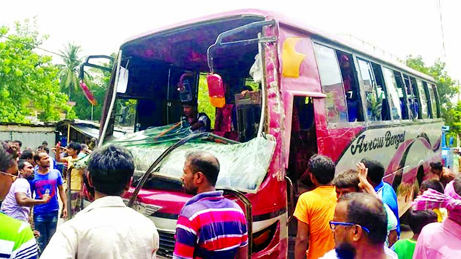 At least three people including a schoolgirl were killed and seven others injured when a passenger bus ploughed through a book shop at Naudapara in Rajshahi city on Wednesday.