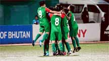 Players of Bangladesh Under-15 National Women's Football team celebrating after crushing Bhutan Under-15 National Women's by five goals to nil in the semi-final of the SAFF Under-15 Women's Championship at Thimphu, the capital city of Bhutan on Thursda