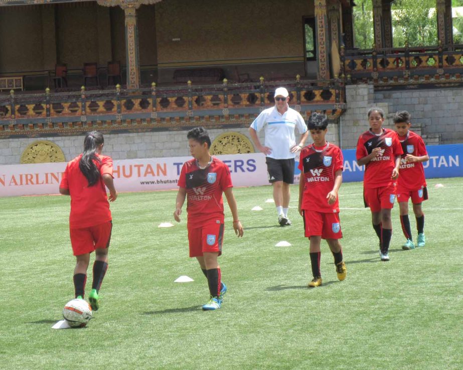Members of Bangladesh Under-15 National Women's Football team during their practice session at Thimphu, the capital city of Bhutan on Friday.