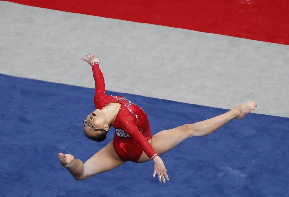 Morgan Hurd competes on the floor exercise at the U.S. Gymnastics Championships in Boston on Friday .