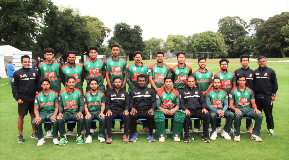 Members of Bangladesh A team posed for a photo session after winning the three-match T20 series against Ireland A by 2-1 at Malahide Cricket Ground in Dublin on Friday.