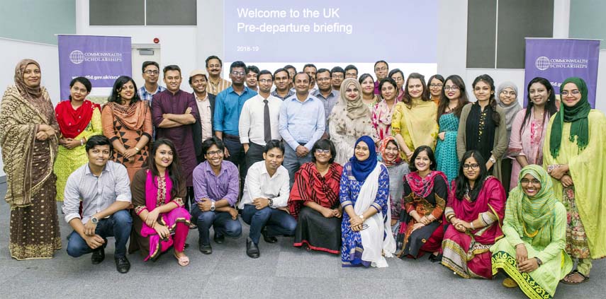 Participants pose for a photo-shoot at the pre-departure briefing for departing Commonwealth Scholars and Fellows for 2018-19 at the auditorium of the British Council Dhaka University branch recently.
