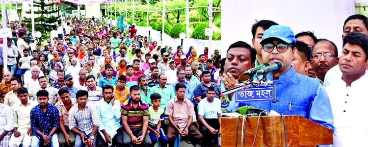 Dhaka South City Corporation (DSCC) Mayor Sayeed Khokon speaking at a gathering of cleaners on quick disposal of wastes of sacrificial animals yesterday.
