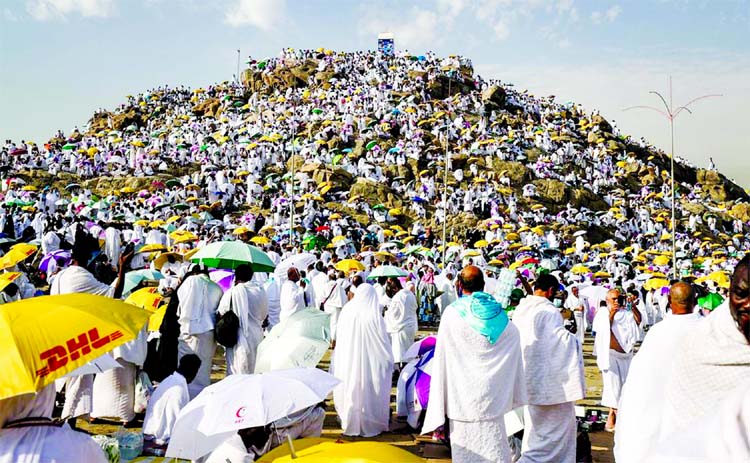 Muslims gather on Mount Arafat, also known as Jabal al-Rahma (Mount of Mercy), southeast of the Saudi holy city of Makkah, on Monday.