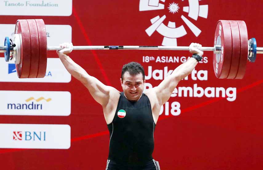 Iran's Sohrab Moradi competes during the men's 94kg weightlifting at the 8th Asian Games in Jakarta, Indonesia on Saturday.