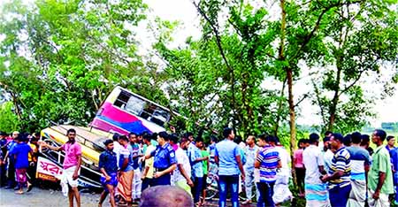 13 passengers were killed in road accident at Lalpur upazila of Natore when a bus hits a Leguna on Saturday.