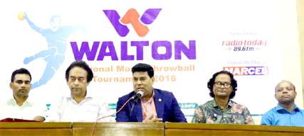 Senior Operative Director (Head of Games & Sports) of Walton Group FM Iqbal Bin Anwar Dawn addressing a press conference at the conference room in Bangladesh Olympic Association Bhaban on Sunday.