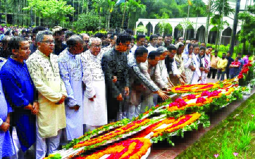 Leaders and activists of Bangladesh Awami League led by its General Secretary Obaidul Quader placing floral wreaths at the Mazar of National Poet Kazi Nazrul Islam marking the 42nd death anniversary of the poet.