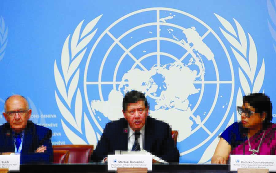 (L-R) Christopher Sidoti, Marzuki Darusman and Radhika Coomaraswamy, members of the Independent International Fact-finding Mission on Myanmar attend a news conference on the publication of its final written report at the United Nations in Geneva, Switzerl