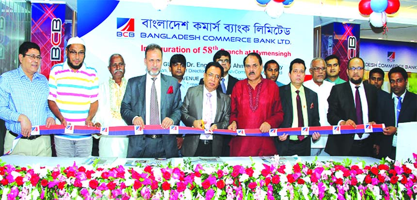 Dr. Engr. Rashid Ahmed Chowdhury, Chairman of the Board of Directors of Bangladesh Commerce Bank Limited, inaugurating its 58th Branch at Mymensingh on Monday. Humayun Bokhteyar FCA, EC Chairman, Kazi Md. Rezaul Karim, DMD, high officials of the Bank and