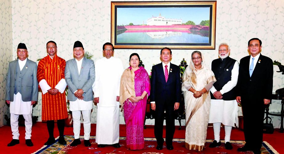Prime Minister Sheikh Hasina poses for a photo session with the BIMSTEC leaders after a lunch hosted by Nepalese President Biddayadevi Bhandary on Thursday. PID photo