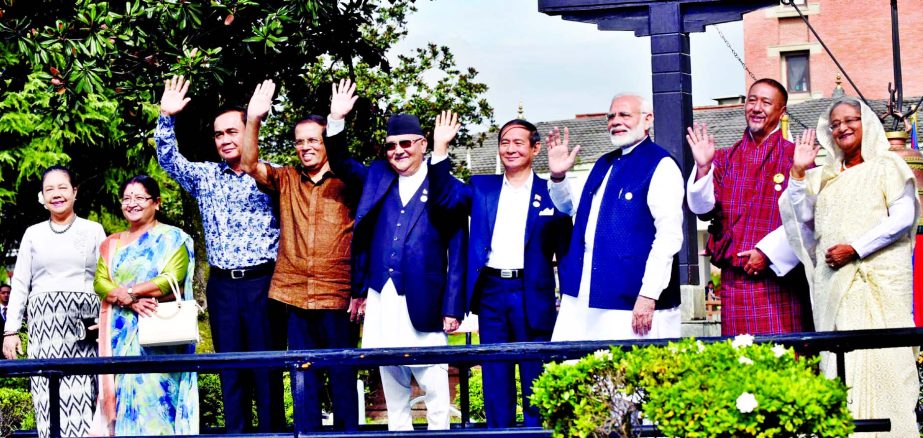 Prime Minister Sheikh Hasina in a photo session with the Heads of the States at the BIMSTEC summit in Kathmandu. This picture was taken from the Hotel Soalty Crowne Plaza on Friday.