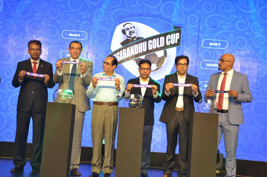 A scene from the draw ceremony of the Bangabandhu Gold Cup International Football Competition, at the Ball Room in La Meridian Hotel on Saturday.