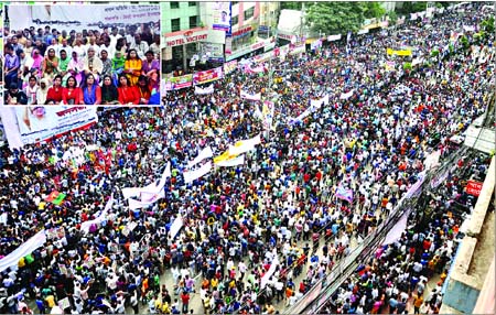 BNP senior leaders (inset) speaking at a public rally held in front of its Nayapaltan central office marking the 40th founding anniversary of the party on Saturday.