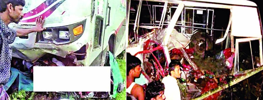 Four people were killed and 3 others injured after a passenger bus hit a auto-rickshaw (right) was totally smashed on Saturday.