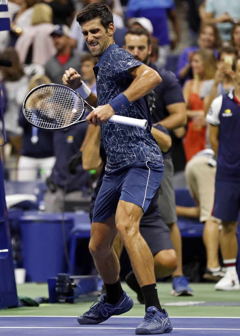 Novak Djokovic of Serbia, celebrates after defeating Richard Gasquet of France, during the third round of the US Open tennis tournament on Saturday.