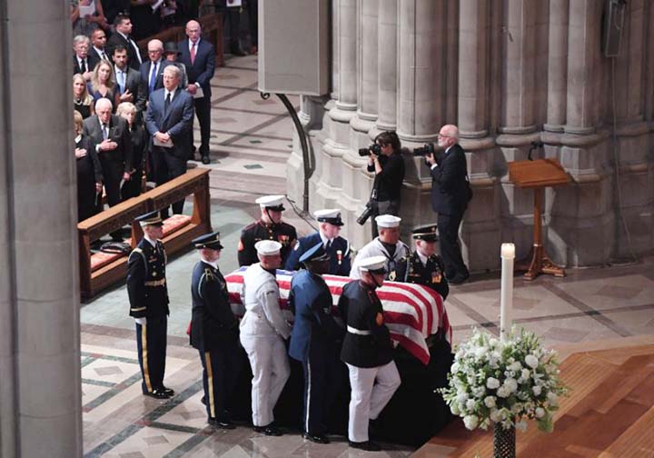 As millions tuned in to the nationally televised memorial attended by almost all of Washington's past and present powerbrokers, Donald Trump himself was absent-heading to one of his golf courses as eulogies to John McCain were being delivered