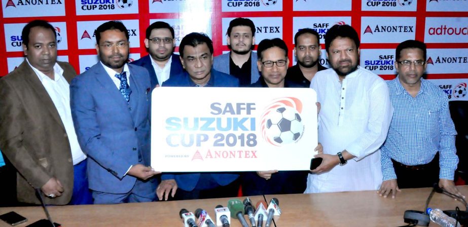 President of Bangladesh Football Federation (BFF) Kazi Md Salahuddin, Senior Vice-President of BFF Abdus Salam Murshady and the other officials and guests of BFF taking part at the logo unveiling programme of SAFF Suzuki Cup, at the conference room in BFF