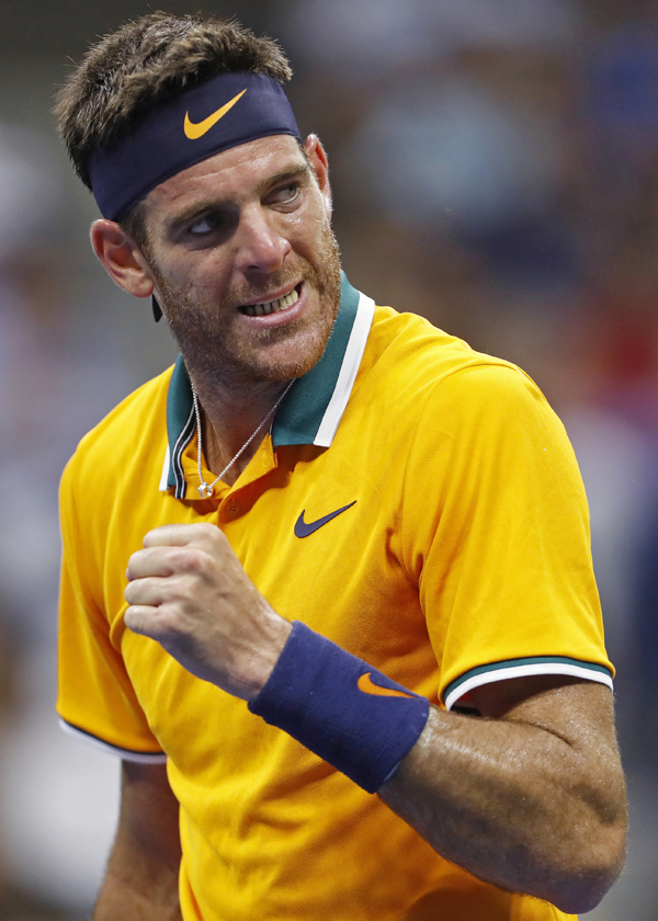 Juan Martin del Potro of Argentina, reacts after winning the second set against Borna Coric of Croatia, during the fourth round of the U.S. Open tennis tournament in New York on Sunday.