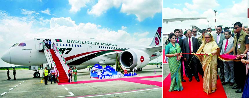 Prime Minister Sheikh Hasina, inaugurating Bangladesh Biman Boeing 787-Dreamliner 'Akashbeena' at Hazrat Shahjalal International Airport in the city on Wednesday.